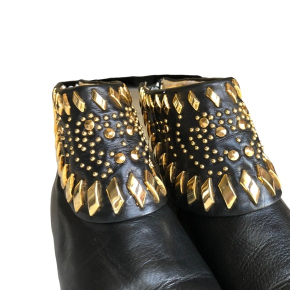 Vintage Black Leather Ankle Boots Gold Studded Western Pointed Toe Zip Booties 8 - Picture 2 of 15